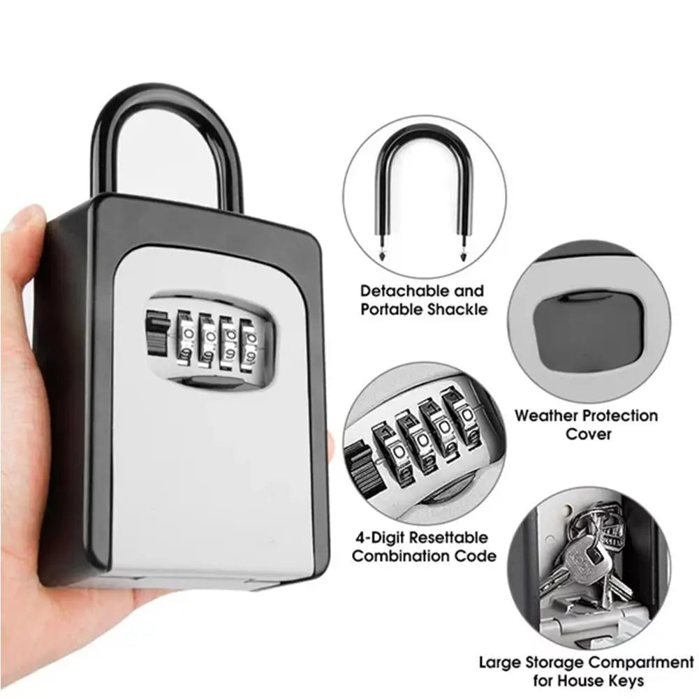 Black and silver metal key lock box with a 4-digit combination, detachable shackle, and weather cover.