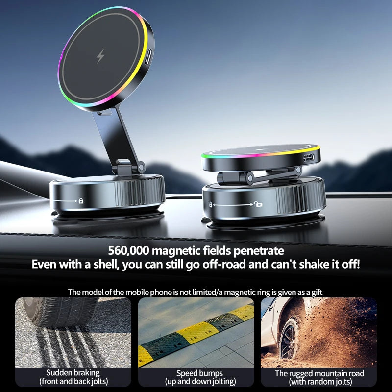 Foldable magnetic car phone mount with a black circular disc, glowing RGB ring light, and metallic grey base.