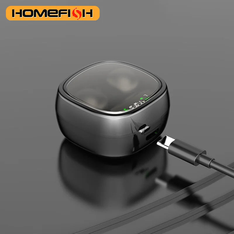 Compact, glossy black wireless earbud charging case with a transparent lid and digital battery indicator, being charged.