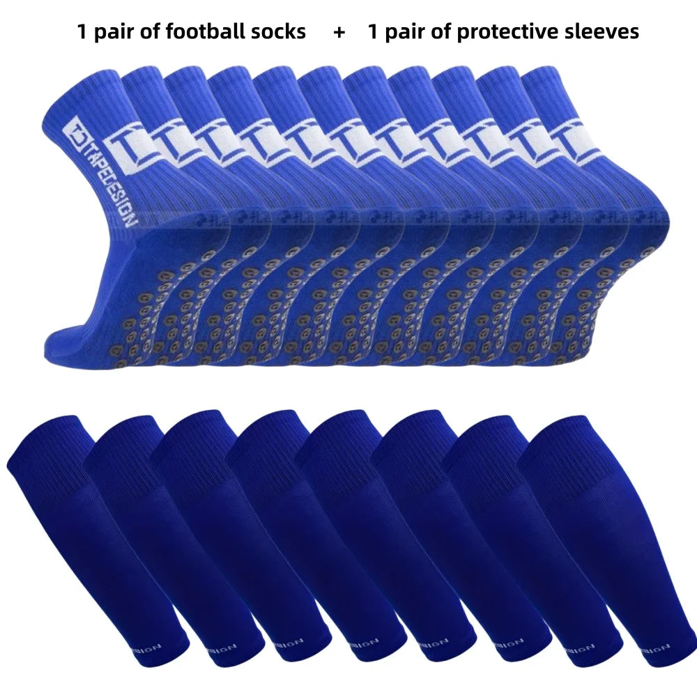 Set of royal blue football grip socks and protective sleeves with non-slip sole details.