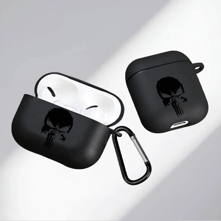 Black silicone AirPods case with white skull print, featuring a carabiner clip. Compatible with AirPods Pro.