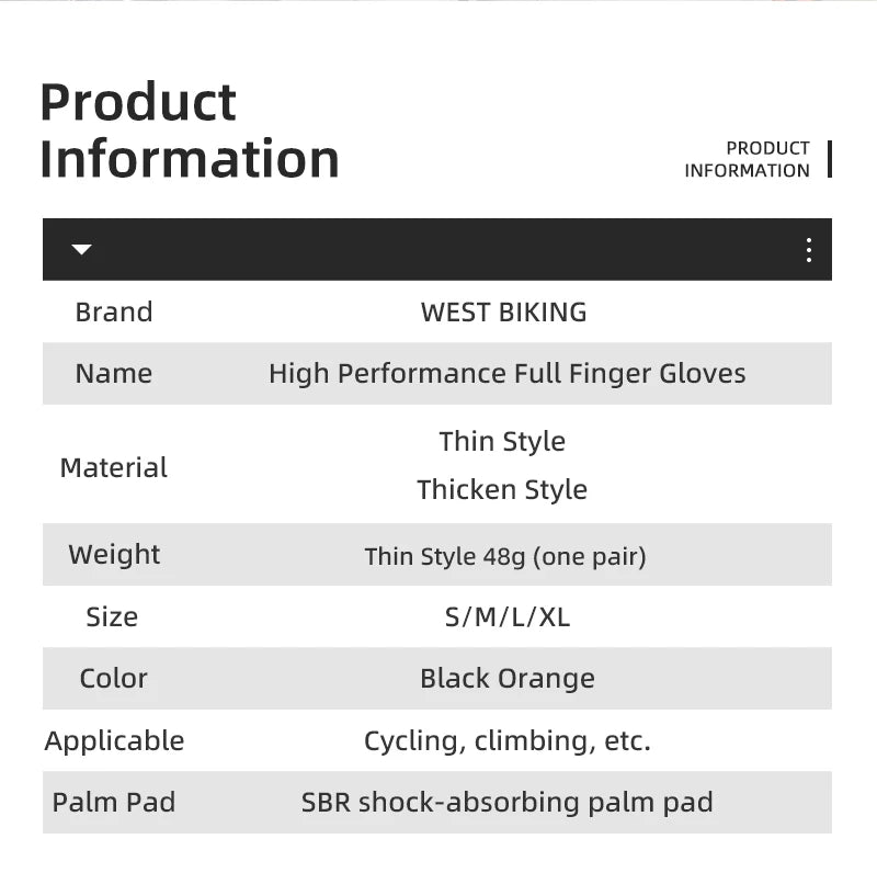Product information table for West Biking black and orange full-finger cycling gloves with shock-absorbing palm pads.