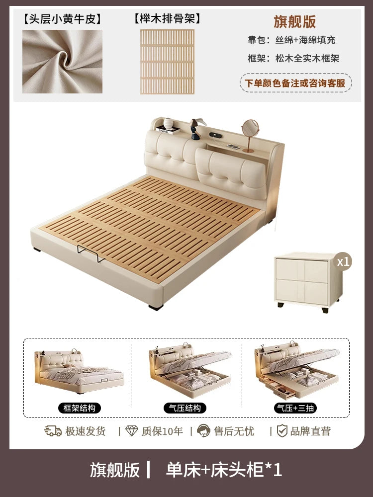 Modern cream genuine leather bed frame with a button-tufted headboard, storage base, and matching bedside cabinet.