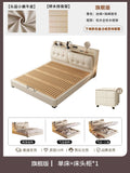Modern cream genuine leather bed frame with a button-tufted headboard, storage base, and matching bedside cabinet.