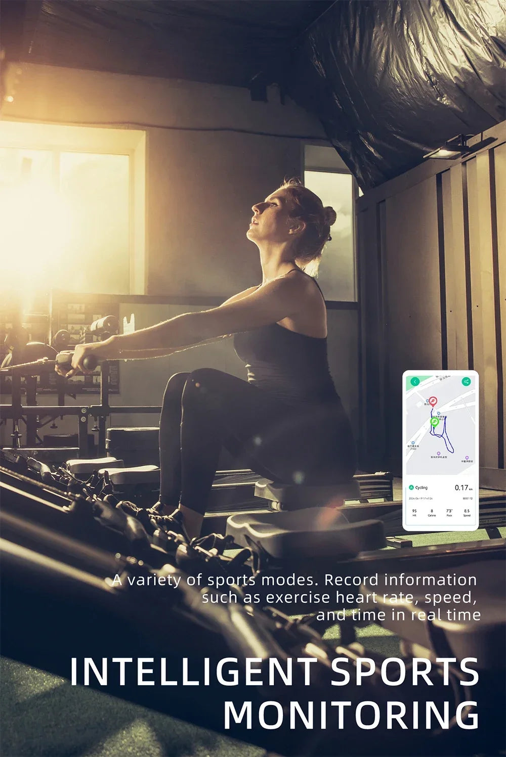 A woman on a rowing machine with an overlay showing a smartphone app tracking real-time sports and heart rate data.