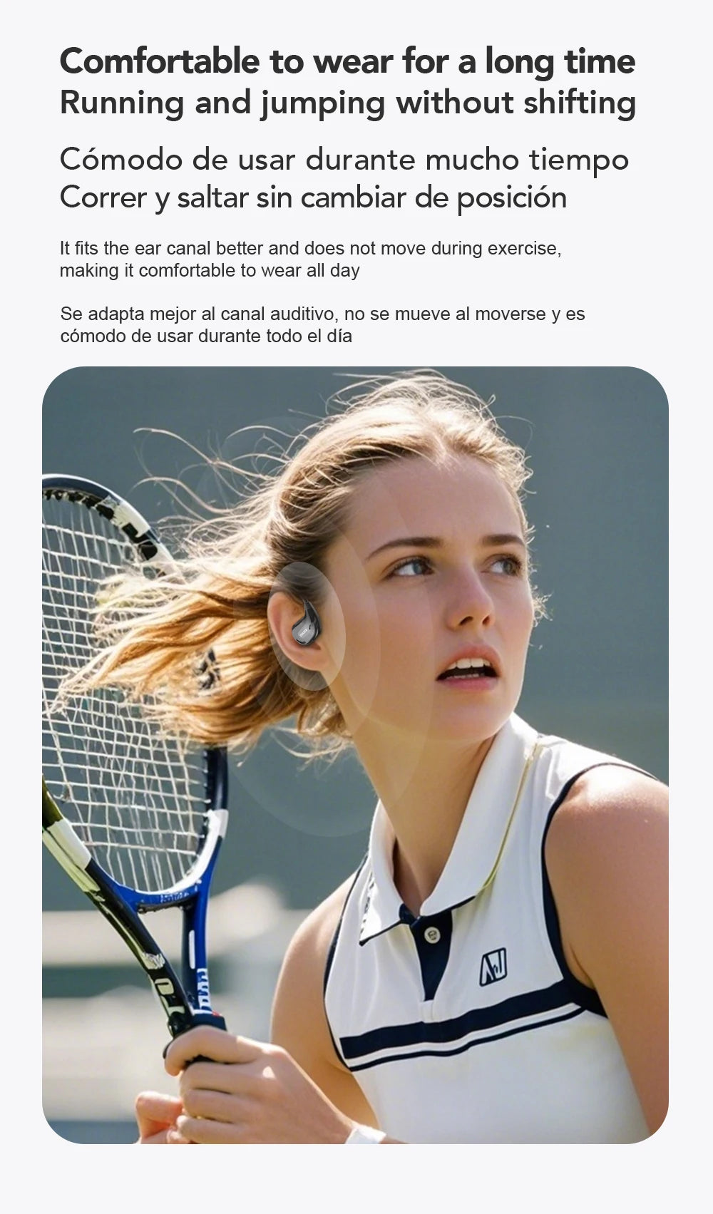 A woman wearing sleek, black, ergonomic in-ear wireless earbuds while holding a tennis racket.