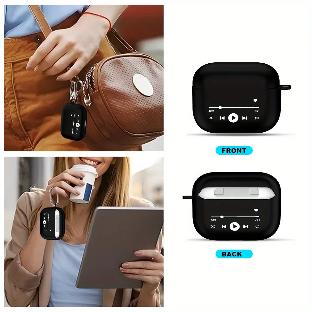 Black silicone case for AirPods 3 with white music player interface print, including a carabiner keychain.