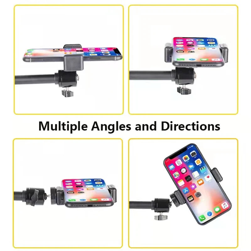 Adjustable black phone mount on a stand, showing various angles and orientations for flexible viewing.