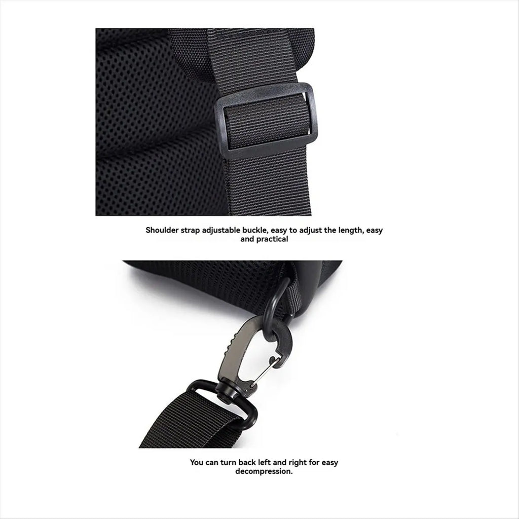 Close-up of a black crossbody bag showing an adjustable shoulder strap buckle and a durable, swivelling metal clip.