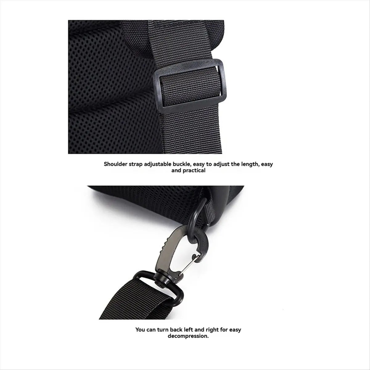 Close-up of a black crossbody bag showing an adjustable shoulder strap buckle and a durable, swivelling metal clip.