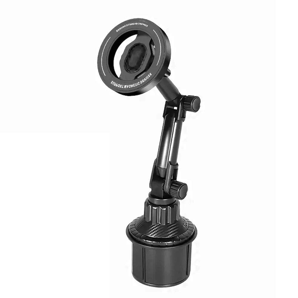 Black car cup holder phone mount with an adjustable, articulated arm and a circular, magnetic smartphone cradle.