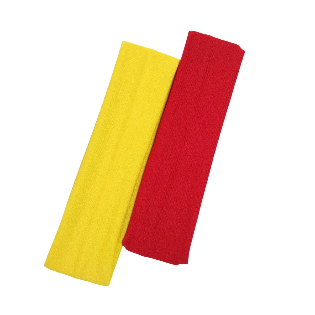 Two plain, rectangular fabric headbands in bright yellow and red, positioned diagonally against a white background.