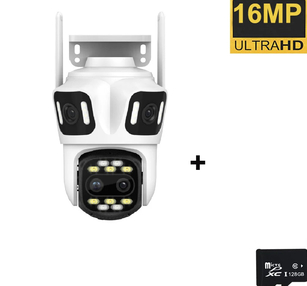 White 16MP quad-lens outdoor WiFi security camera with human detection and a 128GB microSD card.