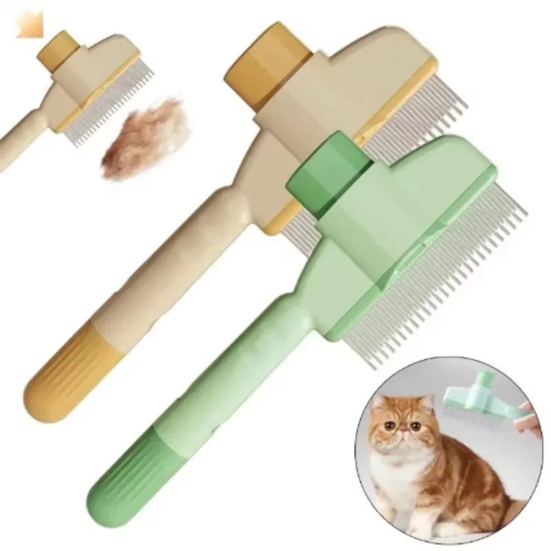 Self-cleaning pet grooming brushes in beige and green, featuring fine wire bristles for removing loose fur.