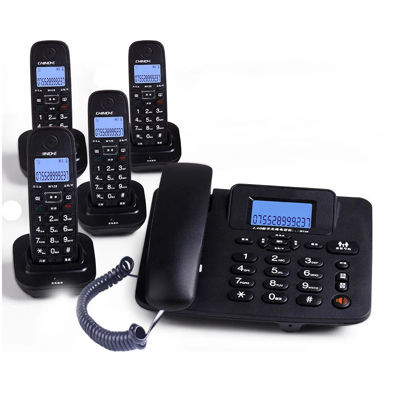 Set of four black cordless phones with a main corded base station, featuring digital displays and keypad controls.