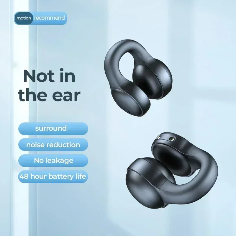 Black open-ear wireless earbuds with a sleek, wrap-around design shown on a light blue background.