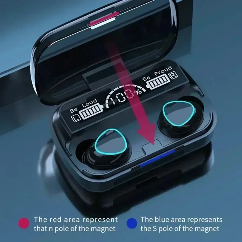 Black wireless earbuds in a charging case with a digital battery display and glowing blue circular accents.