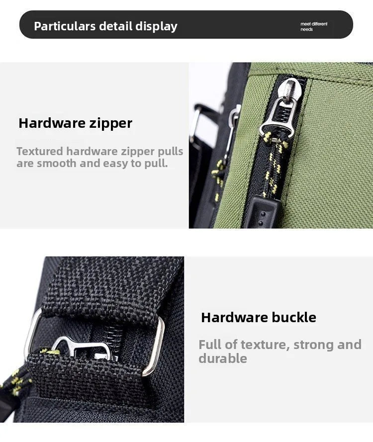 Close-up of olive green men’s crossbody bag, highlighting smooth metal zips and a durable, textured hardware buckle.