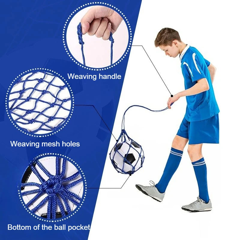 Blue soccer ball training strap with a woven net pocket, handle, and secure base for solo ball control practice.