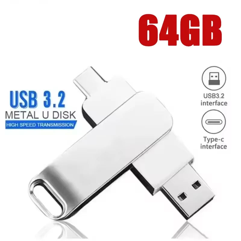 Silver 2-in-1 metal USB flash drive with dual USB-A and USB-C connectors for high-speed data transfer.