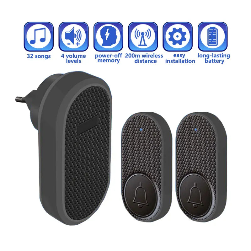 Black wireless doorbell set with one plug-in receiver and two push buttons, featuring 32 chimes and 200m range.