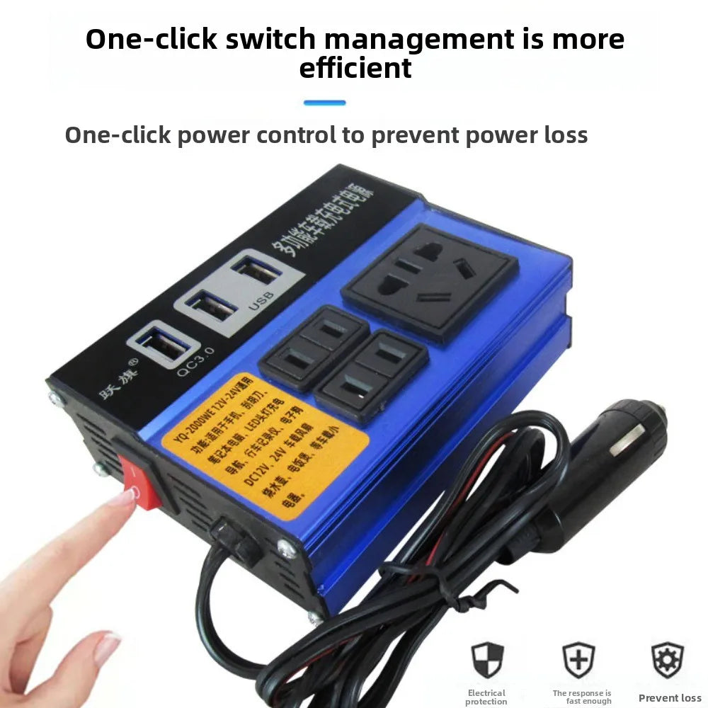Blue 2000W car power inverter with USB ports and multiple AC sockets, featuring a manual power switch and 12V plug.