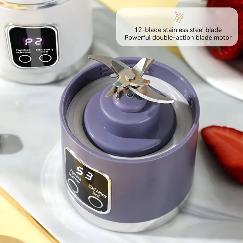 Purple portable blender with a 12-blade stainless steel head and digital display showing settings and battery level.