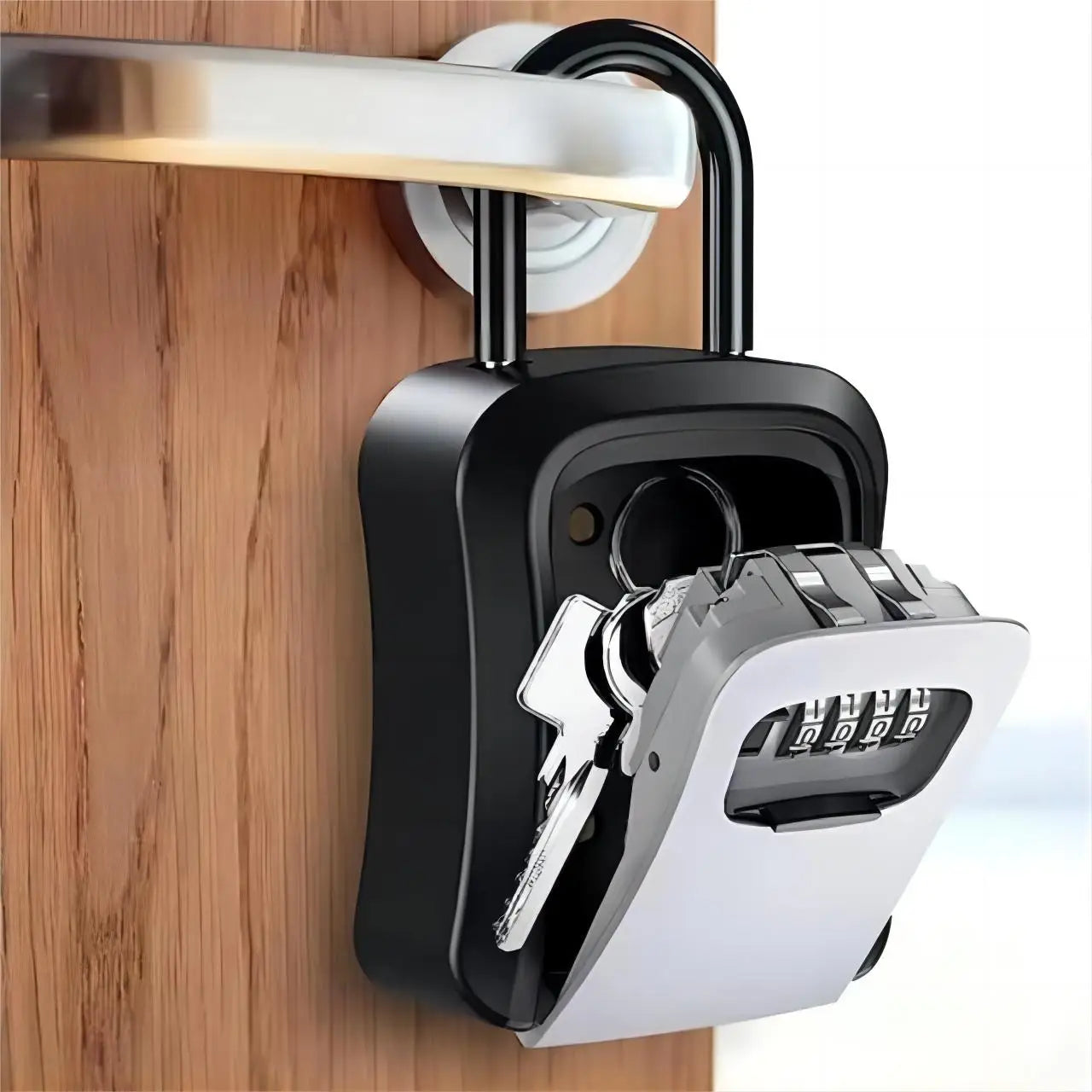 Black metal portable key lock box with a four-digit combination dial, hanging from a door handle with keys inside.