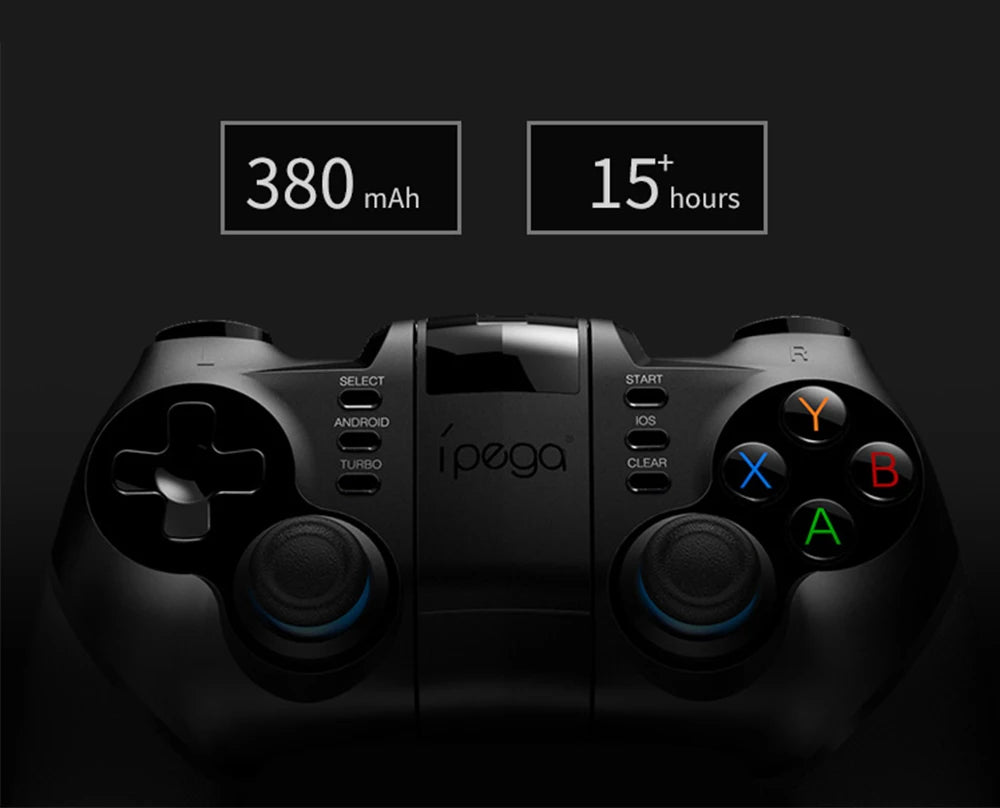 Black wireless gaming controller with multi-coloured action buttons, 380mAh battery and 15+ hours of play time.