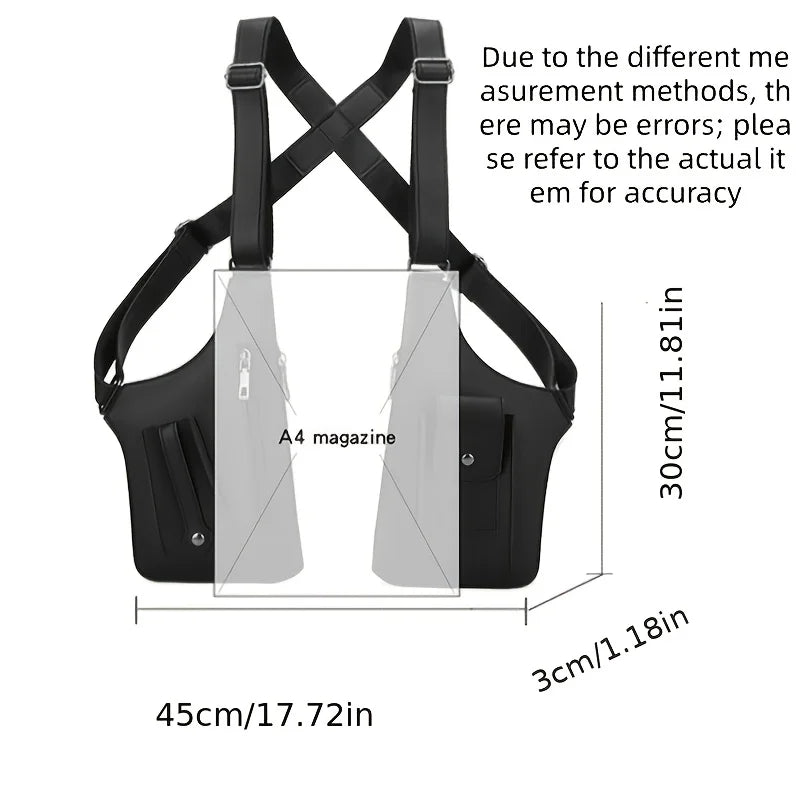 Black workwear chest harness bag with adjustable straps, multiple utility pockets, and zip closures.