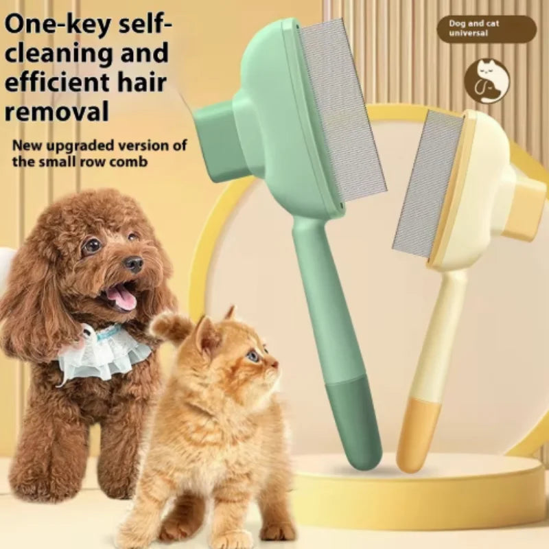 Green and cream self-cleaning pet grooming combs, designed for dogs and cats, shown next to a dog and kitten.