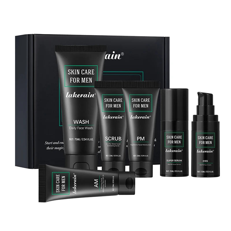Men's black skincare gift set featuring face wash, scrub, night cream, serum, eye cream, and AM moisturizer with SPF.