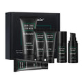 Men's black skincare gift set featuring face wash, scrub, night cream, serum, eye cream, and AM moisturizer with SPF.