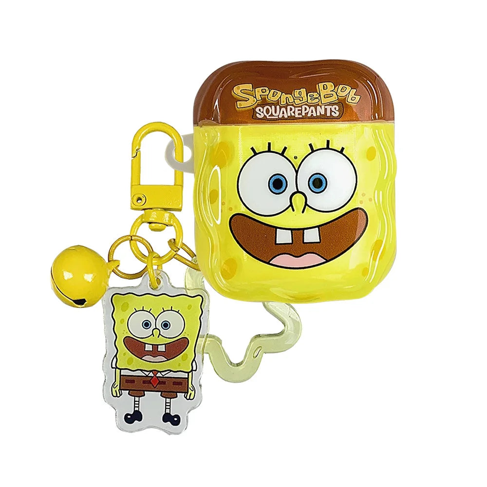 Yellow SpongeBob SquarePants silicone AirPods case with matching charm, keychain, and bell. Fits standard AirPods.