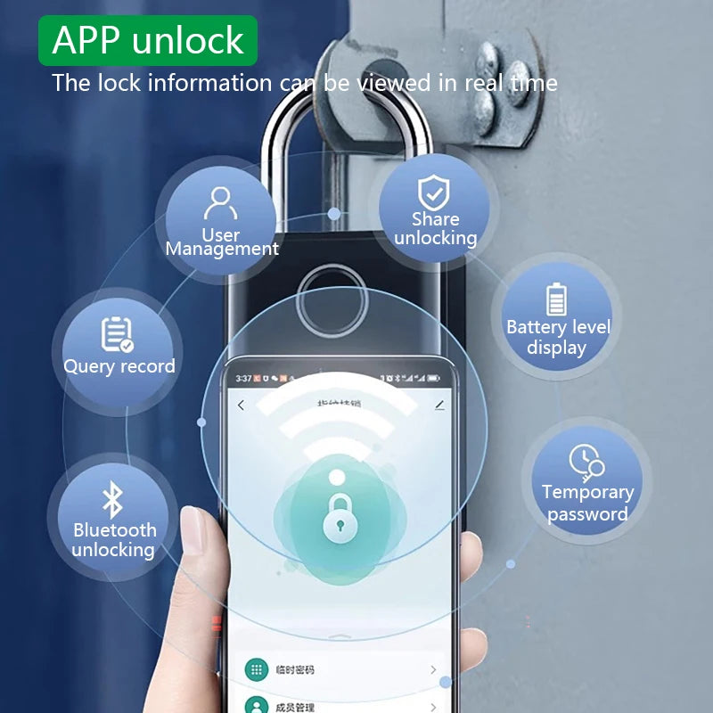 Black metal smart padlock with silver shackle, featuring Bluetooth app control, user management, and battery display.