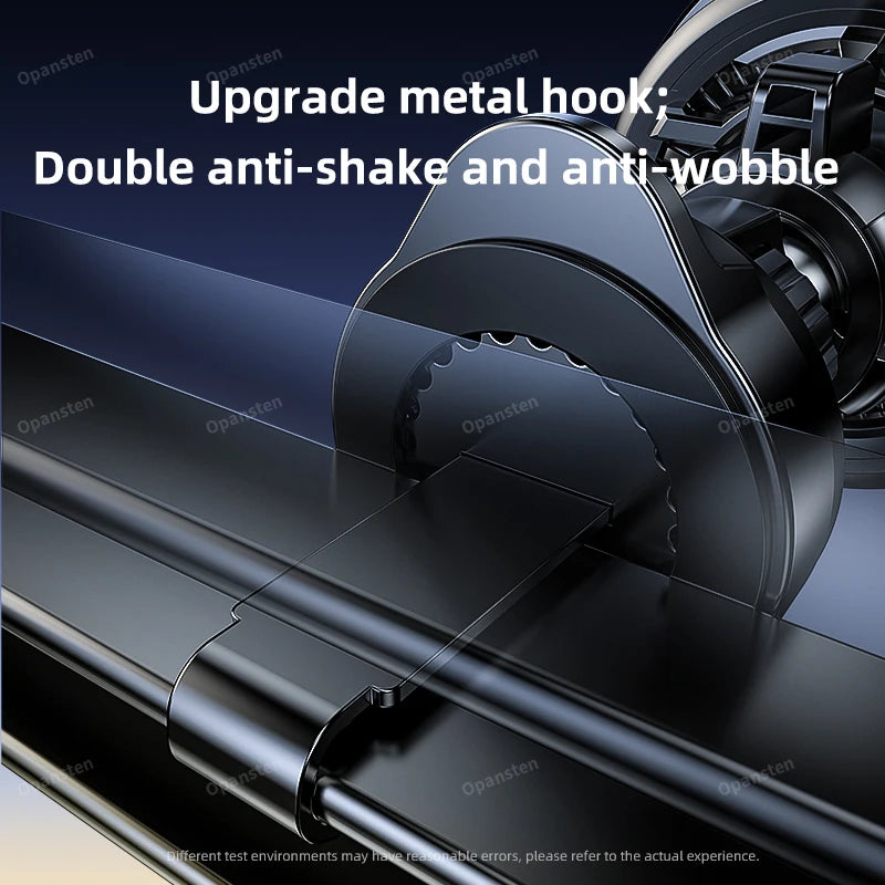 Black metal car air vent mount hook with a sleek, sturdy design, featuring a gear-adjustment mechanism.