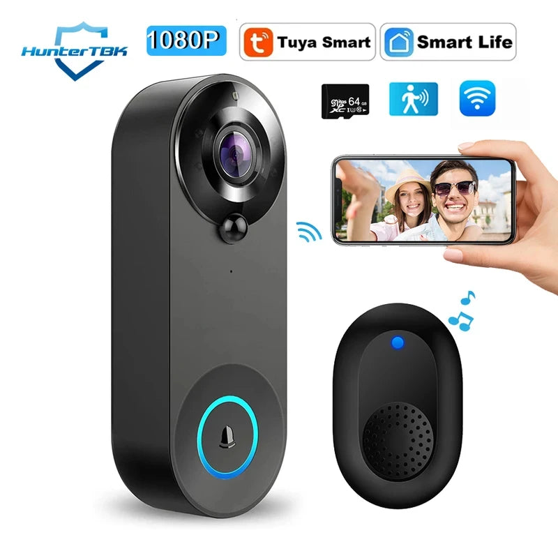 Black wireless 1080p smart video doorbell with night vision, camera lens, motion sensor, and indoor chime unit.