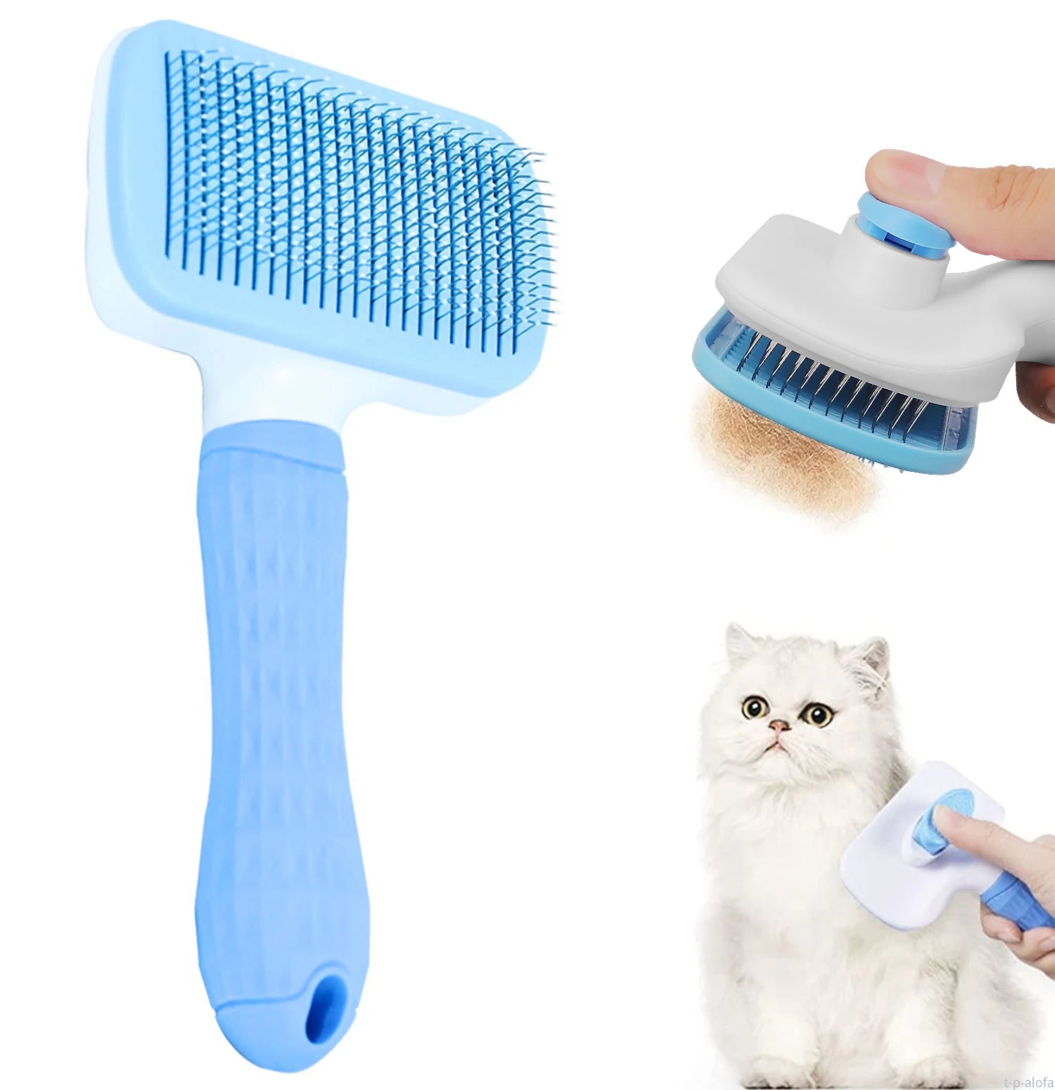 Light blue self-cleaning slicker brush for pets, featuring a textured handle and button for easy hair removal.