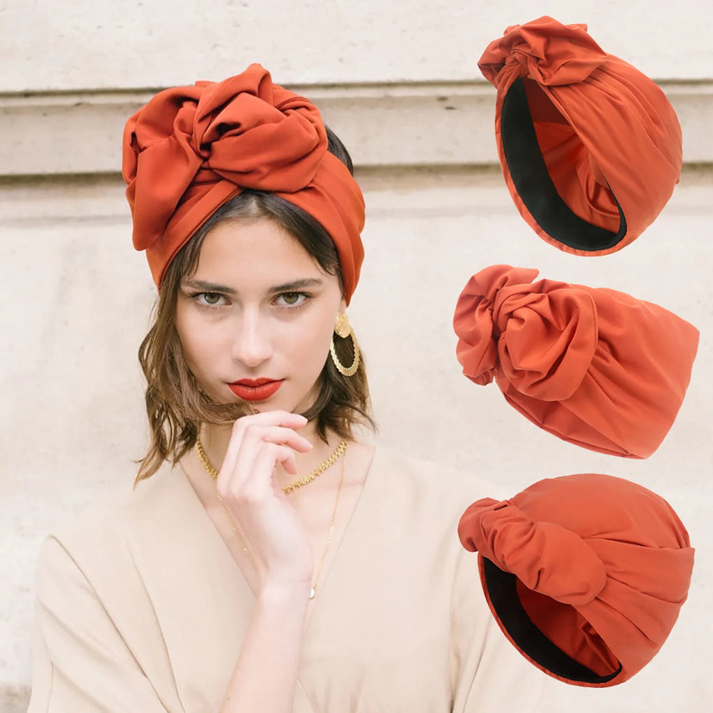 A model wearing a burnt orange French-style knotted turban hat, with additional views showing the design.