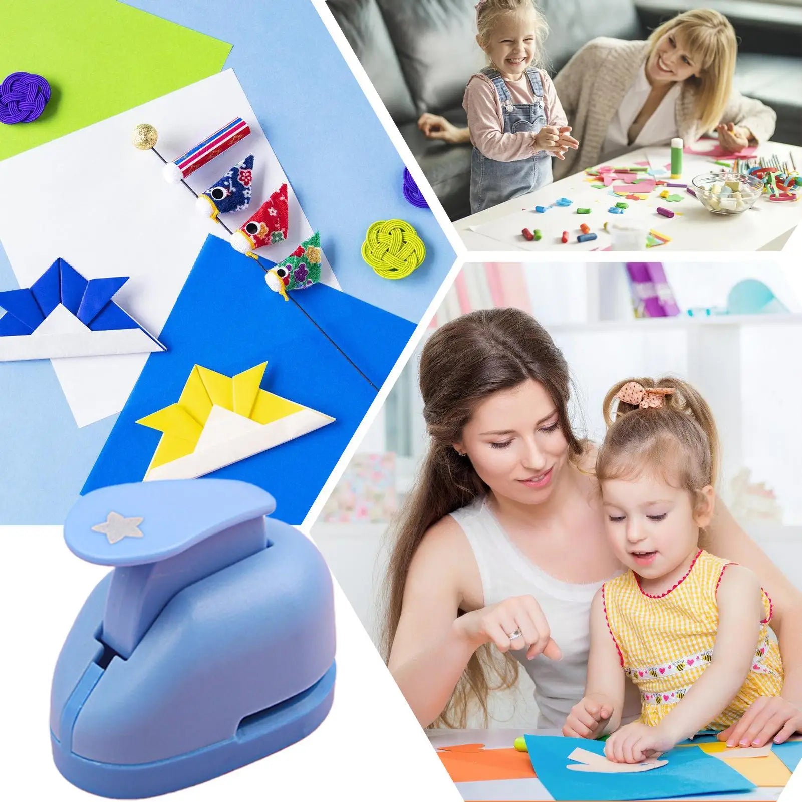 Blue star-shaped craft hole punch, perfect for paper projects and scrapbooking, shown with creative art activities.