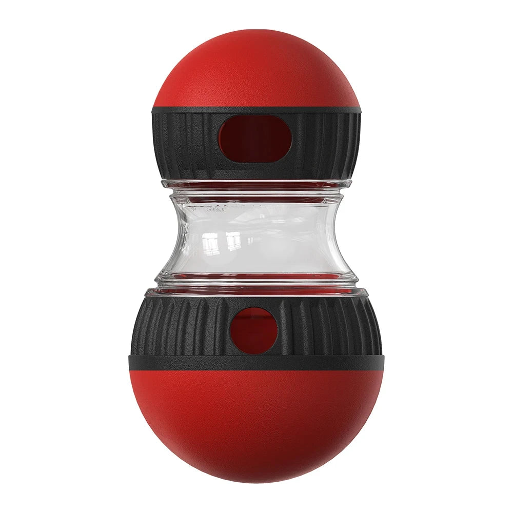 Red and black interactive treat-dispensing toy with a clear centre section and holes for pet food.