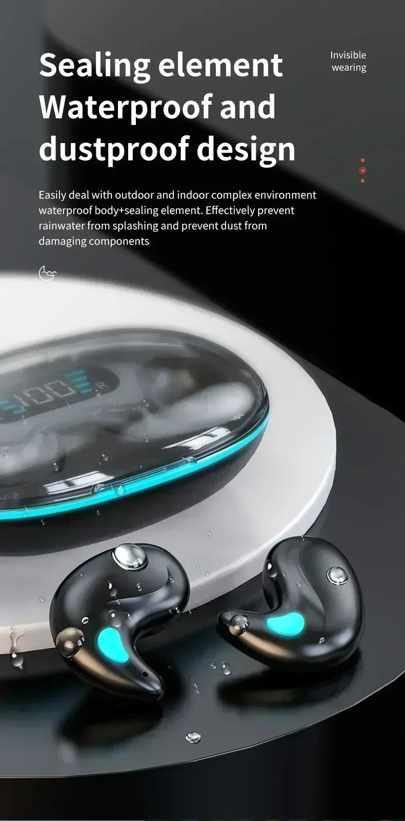 Black wireless earbuds with a sleek, ergonomic design and glowing blue accents, in a digital display charging case.