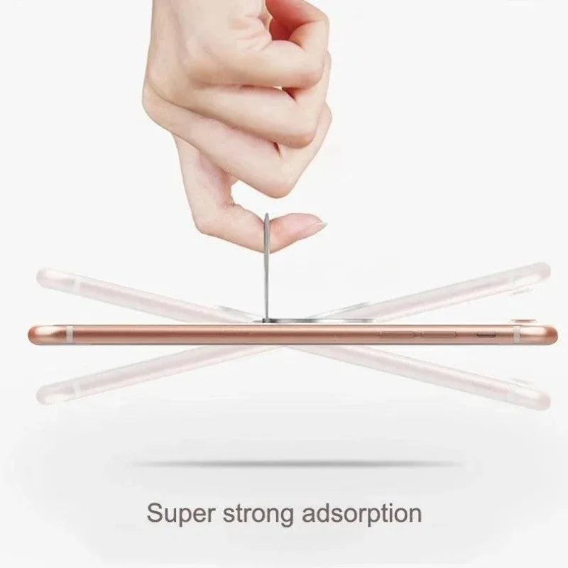 A rose gold smartphone ring holder with strong magnetic adsorption, held by a finger against a white background.