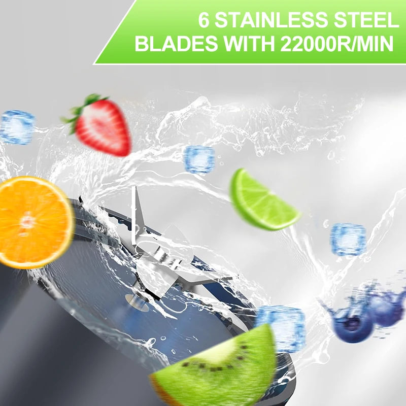 Blender with six sharp stainless steel blades, surrounded by splashes of water, ice cubes, and fresh fruit slices.