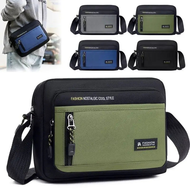 Mens versatile crossbody shoulder bag in four colours, featuring a zipped front pocket and adjustable shoulder strap.