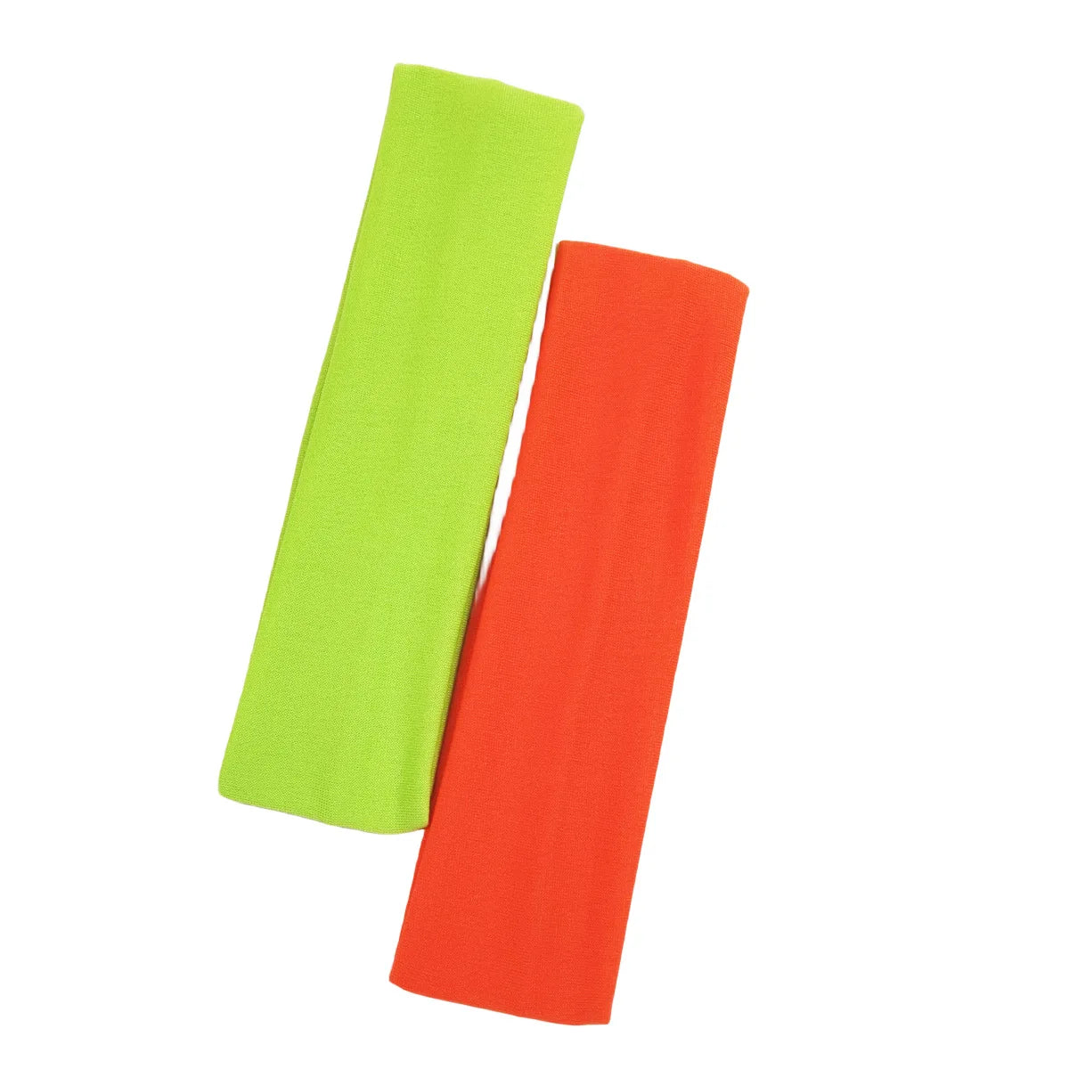 Two plain, stretchy fabric headbands in neon lime green and bright orange, set against a white background.