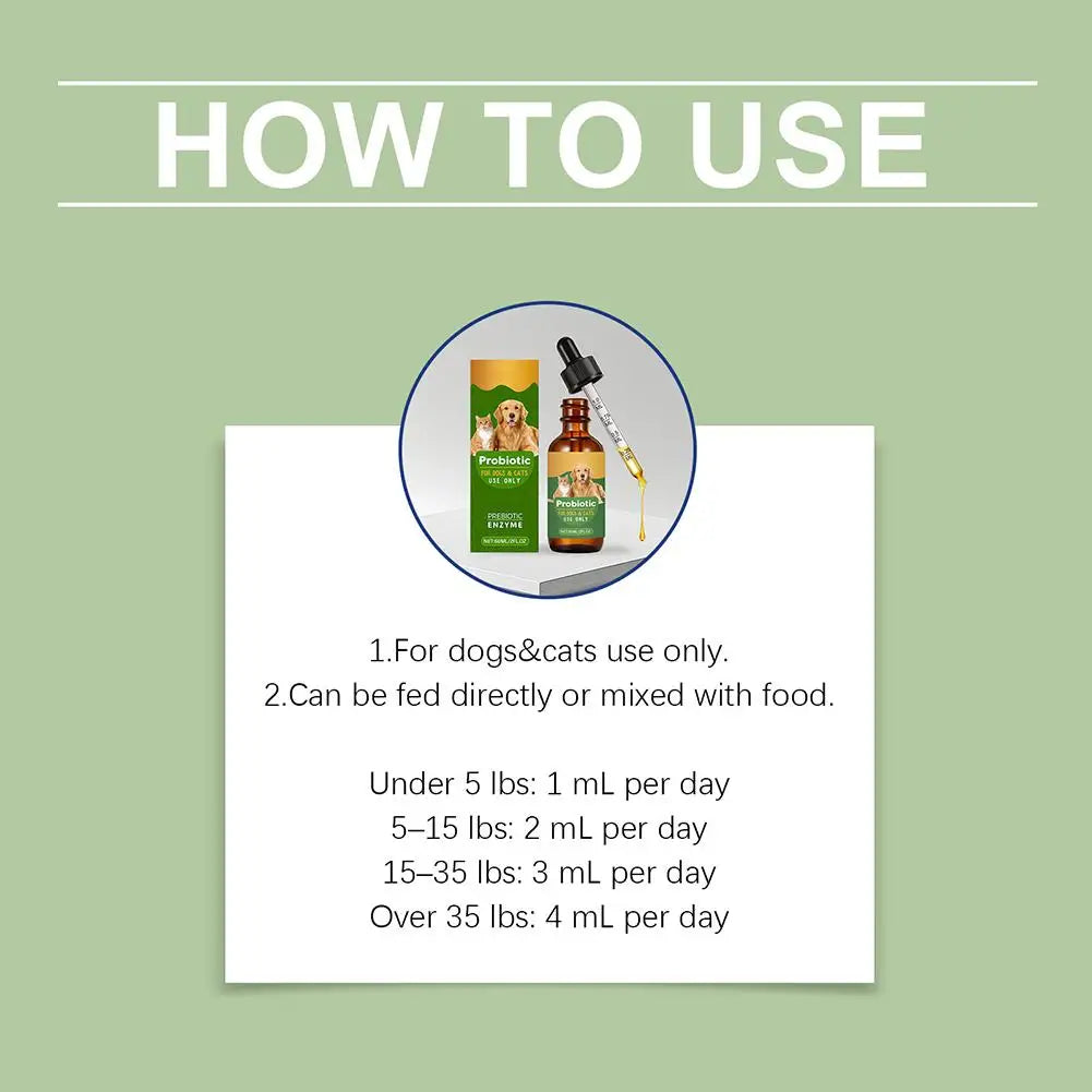 Probiotic enzyme drops for dogs and cats in a brown dropper bottle with instructions for daily dosage.