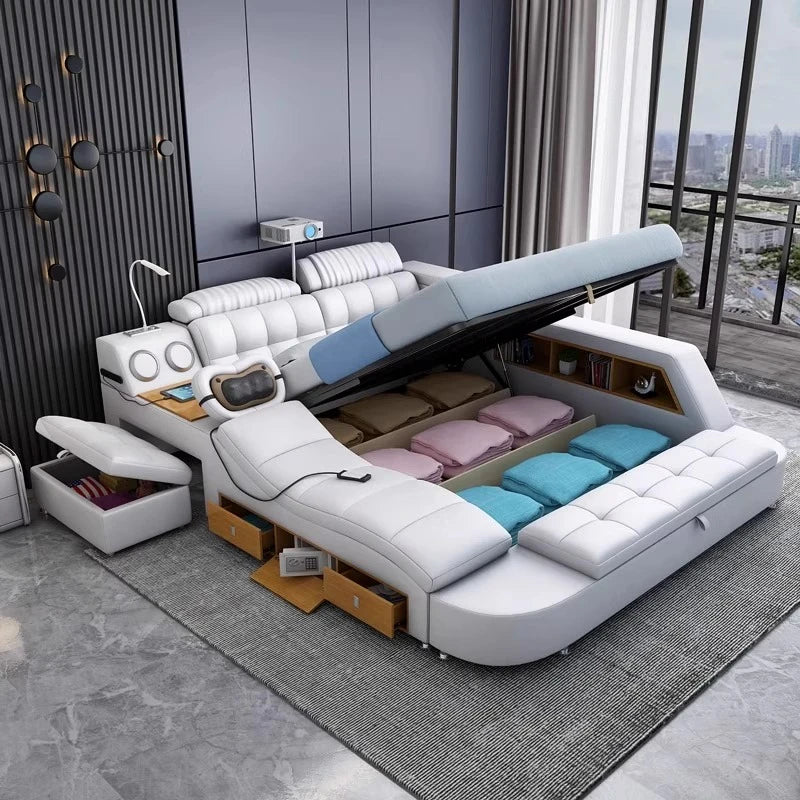 White leather ottoman storage bed with integrated headboard, side drawers, built-in shelving, and hydraulic lift base.