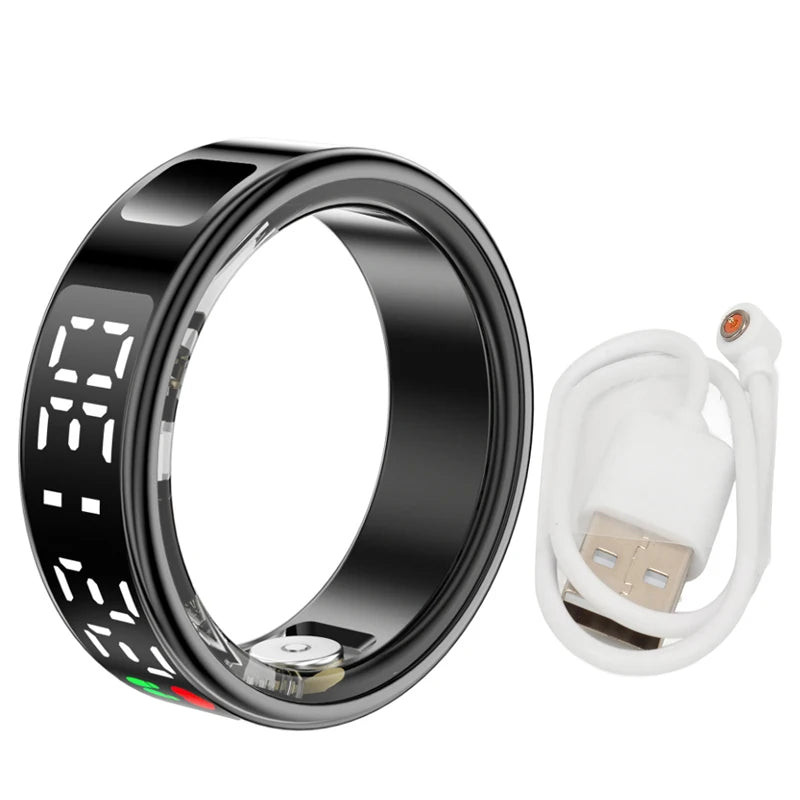 Sleek black smart health ring with a digital display, heart rate monitor, and included USB charging cable.