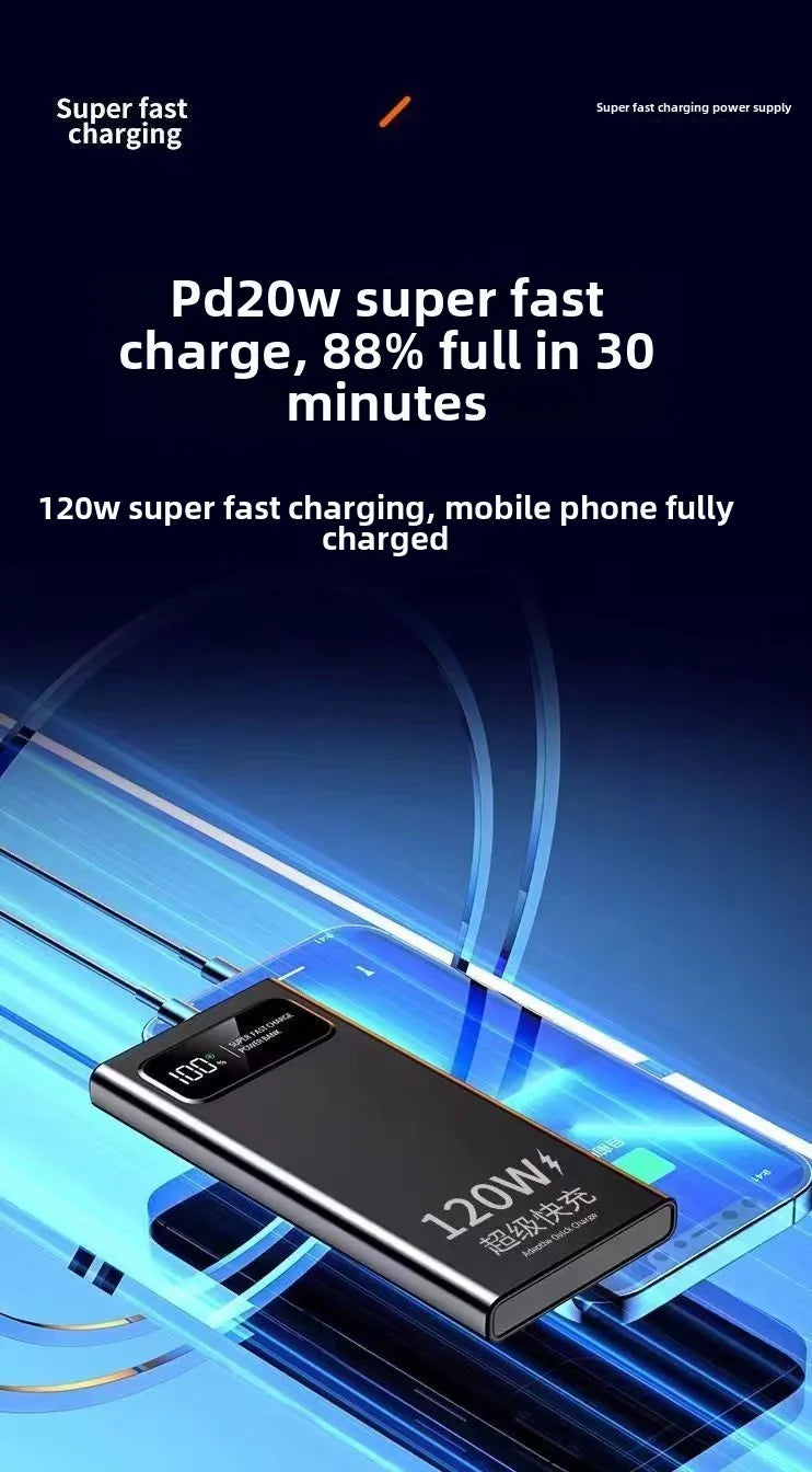Sleek black 20,000mAh portable power bank with a digital battery display, showcasing high-speed charging capability.